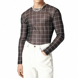 plaid Print Mesh T Shirts Men Slim Fit Lg Seeve O-neck Tee Tops 2024 Summer Casual Mens Perspective Tight T-shirt Streetwear 76UD#