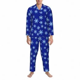 winter Snowflake Pajamas Men Royal Blue Soft Daily Sleepwear Autumn 2 Piece Loose Oversized Graphic Pajama Sets r4xg#