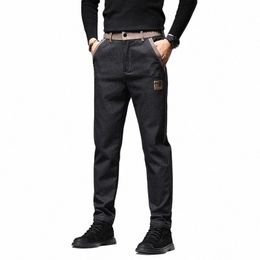 denim Regular Slim Fit Casual Pants Cargo Pockets Elastic Waist Designer Clothes Men Trousers Korea Classic Black Pants For Men E3Y8#