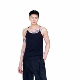 2023 summer Korean style Persalized Invisible straps design tank tops for men casual slim Elastic tight tank tops men,M-XL 01Wg#