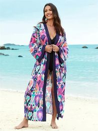 Purple Vacation Bohemian Kimono Cardigan Women Bathing Suit Cover Up Relaxed House Robe Beach Wear Tunic Wrap Q1525