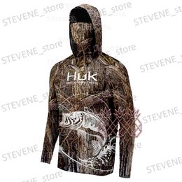 Men's Hoodies Sweatshirts HUK Fishing Clothes Camouflage Long Slve T-Shirt Face Mask Men Fishing Shirts UV Protection Breathable Hooded Angling Clothing T240326