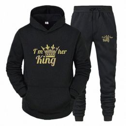 crown KING QUEEN Print Men/Women Tracksuit Sets Casual Hoodie And Pants 2pcs Sets Oversized Pullover Lover Couples Sportwear Set g9yh#