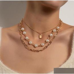 Pendant Necklaces Fashion Elegant Imitation Pearl Lock Necklace For Women Vintage Punk Thick Chain Clavicle Colar Jewelry Gift2965361 Dh5Ou