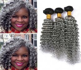 3PcsLot 1BGrey Ombre Deep Wave Brazilian Hair 3 Bundles Dark Roots Grey Ombre Curly Human Hair Weaves Extensions 300g7323034