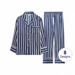 men's Pyjamas Sets Satin Pyjamas Nightwear Sleepwear Underwear Lg Sleeve Striped Printed Casual Spring Autumn Winter SA0706 N14q#