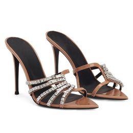 Slim Heels High Open Toes Rhinestone Double Twisted Bands Ankle-strap Lambskin Leather Sandal Women Designer Shoes Sizes wedding women's shoes 35-42