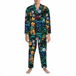 pajamas Mens Tropical Floral Print Sleep Sleepwear Midnight Garden 2 Pieces Vintage Pajama Set Lg Sleeve Oversized Home Suit u9YD#