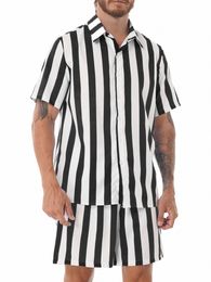 mens Black White Striped Outfits Casual Lounge Sleepwear Males Loose Turn-Down Collar Short Sleeve Butt Shirts and Shorts Set s8Oh#