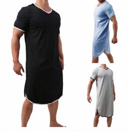muslim Men's Pajamas Casual Short Sleeve Solid V-Neck Robes Sleepwear Vintage Nightgowns Men Homewear Pijamas Hombre Night Gown H4Tk#