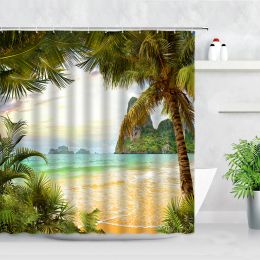 Curtains Palm Tree Ocean Landscape Shower Curtains Tropical Plant Leaves Island Scenery Wall Decor Cloth Bathroom Waterproof Bath Curtain
