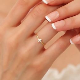 14k Dainty Minimalist Lucky Four Leaf Clover Ring with Diamond Solid Gold Lover Women Girls Gift