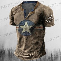 Men's T-Shirts Vintage Button V-neck Navigation T Shirt Short Slve Gothic Henley Shirt For Men Oversized Tops T Shirt Men Punk Strtwear T240325