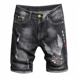 summer Fi Men's Denim Shorts Chinese Style Embroidery Classic Black Stretch Slim Casual Short Jeans Trend Streetwear Male U91H#