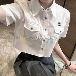 Women Cropped T Shirt Lapel Neck T Shirts Designer Letters Embroidered Tees Summer Casual White Tee