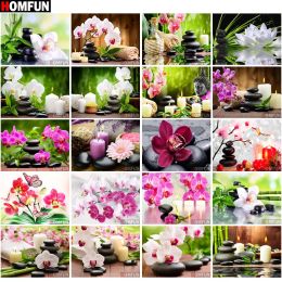 Stitch HOMFUN Full Square/Round Drill 5D DIY Diamond Painting "Orchid stone candle" 3D Diamond Embroidery Cross Stitch Home Decor Gift