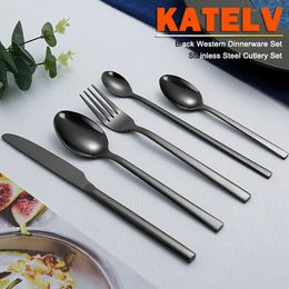 Western Tableware Black Dinnerware Set 6 Pieces Cutlery Stainless Steel Knife Fork IceTea Spoon Party Classic Silverware 240318