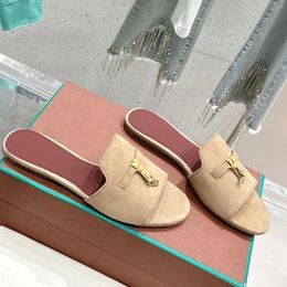 Slippers Shoes For Women Size34-42 Natural Kid Suede Low Heels Metal Decoration Summer Slides Designer Zapatillas Mujer