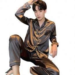 new Men Pajama Sets Silk Satin Sleepwear For Man Shirt Lg Sleeve Pyjama Male Fi Soft Home Night Wear Big Size Loungewear u5Wc#