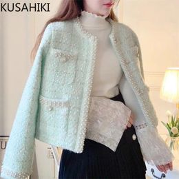 Women's Jackets KUSAHIKI Chic Beads Fashion Korean Style Women Short Coat 2024 Spring Sutumn Cardigan Tops Causal O-neck Long Sleeve