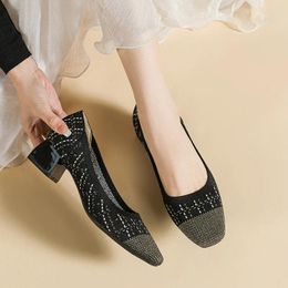 Dress Shoes Large Size 43 Women's Square Toe Thick Heel Knitting Fashion Breathable Anti-slip Beautiful 2024 Spring Summer