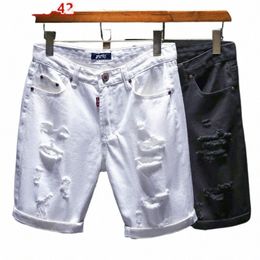 Verão Denim Off White Shorts Rasgado Buracos Preto Meio Jean Meninos Popurlar Arranhado Coreano Distred Plus Size 38 40 42 Calças n64y #