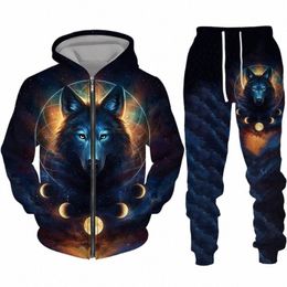 cool Wolf 3D Print Men's Zipper Tracksuit Set Casual Hoodie And Pants 2pcs Sets Oversized Zipper Sweatshirt Fi Men Clothing S12Y#