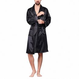 men Summer Imitati Silk with Pockets Waist Belt Bath Robe Home Gown Sleepwear Q9jZ#