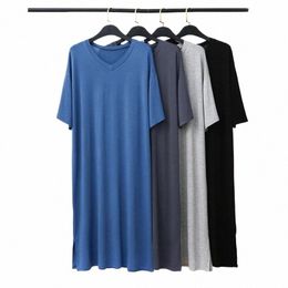 2024 Men's Modal Pajamas Robe Home Clothes Short Sleev V-neck One-piece Nightgown Summer Men's Solid Loose Bathrobe Sleepwear A2np#