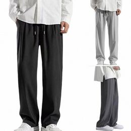 men Summer Pants Solid Colour Elastic Waist Pockets Loose Drawstring Men Trousers Ice Silk Jogging Men Summer Sweatpants Male i3QJ#