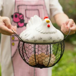 Baskets Nordic Hen Storage Basket with Lid Ceramic Metal Wrought Iron Egg Basket Kitchen Debris Storage Container Potato Garlic Baskets