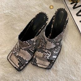 Slippers Luxury Snake Patterned High Heels Black Red Leather Fashionable Square Toe Women Sandals Summer Product Pumps
