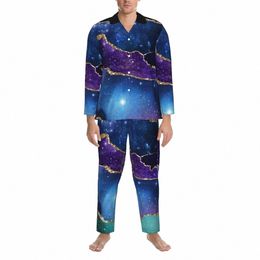 gold Glitter Marble Pajama Set Purple Teal Print Cute Sleepwear Unisex Lg Sleeve Retro Daily 2 Piece Nightwear Large Size 2XL U9T7#