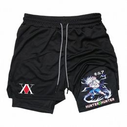 mens 2 in 1 Running Shorts with Phe Pockets Towel Loop Anime Print Lightweight Athletic Gym Workout Compri Shorts f2Of#