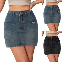 Skirts Women Vintage Retro Denim Skirt 90s Distressed Ripped Buttons High Waist Wrap Hip Mini A Line Pencil Faldas Summer