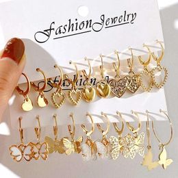 Hoop Earrings 12Pcs/Set Of Gold Colour Alloy Butterfly Heart Serpentine Set Acrylic Dangle For Women Metal Cartoon Vintage Jewellery