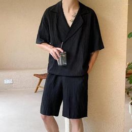 Men's Tracksuits Summer Pleated Men Outfit Casual Lapel Short Sleeve Shirt Pockets Wide Leg Shorts Set Two-piece Korean Loose Top Suit