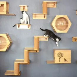 Scratchers Solid Wood Wall Mounted Cat Tree Double Layered Jumping Platform Ladder Cat Hammock Furniture Cat Climbing Frame