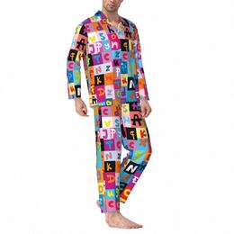 Pyjamas Man Letter Pop Art Print Night Sleepwear Jumble Alphabet Two Piece Vintage Pyjamas Set Lovely Oversized Home Suit M8QM#