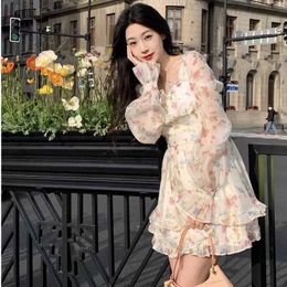 Escaping Princess Super Immortal Fragmented Flower Dress Womens Autumn New French One Line Neckline Showcase Slim Temperament Fluffy Short Skirt