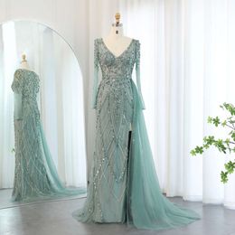 Longo verde disse sharon turquesa mangas meramid vestido de noite com overskirt fenda alta para festa de casamento feminino ss181