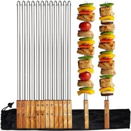 Skewers 6/12pcs Kebab Skewers 22 Inch Stainless Steel Grilling BBQ Skewer Reusable Barbecue Skewers Flat Stick with Wood Handle