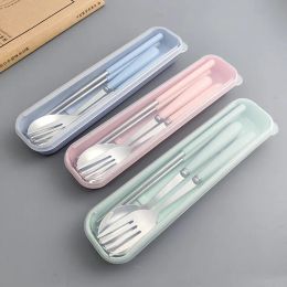 4pcs/set 밀 밀짚 테이블웨어 박스 스푼 포크 젓가락 칼날 식기식 어린이 성인 여행 휴대용 주방 액세서리