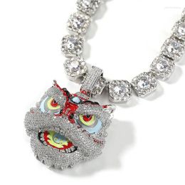 Pendant Necklaces Hip Hop 5A CZ Stone Paved Bling Iced Out Lion Dance Head Pendants Necklace For Men Rapper Jewellery Silver Colour