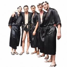 chinese Men's Navy Blue Satin Robe With Belt Kimo Bathrobe Gown Nightgown Sleepwear Home Leisure Pajamas S M L XL XXL 20701 h9td#