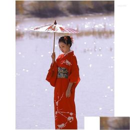 Ethnic Clothing Womens Kimono Robe Traditional Japan Yukata Little Red Winter Plum Dress Performing Wear Cosplay Polyester Drop Delive Otsn5