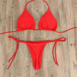Women's Swimwear Solid color bikini set womens triangle sexy two-piece swimsuit girls solid color beach swimsuit thong side tie push 24326
