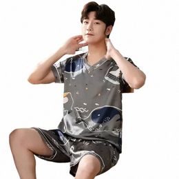 satin Two Summer Men Pajamas Nightwear Pajama Set Man Sleepwear Sleep Clothes Silk Shorts Piece Home Pullover Lounge p0HV#