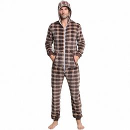 winter Men's Thick Plaid Flannel One-piece Home Wear Jumpsuit Cool Summer Casual Sleepwear Men Pyjamas T0wD#