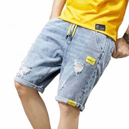 Men's Summer Ripped Denim Shorts Fi Cuffed Hem Elastic Waist Mid Length Male Short Jeans Clothing I3yj#